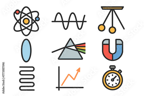 Nine outline symbols representing core scientific concepts like atomic structure, light, magnetism, and motion