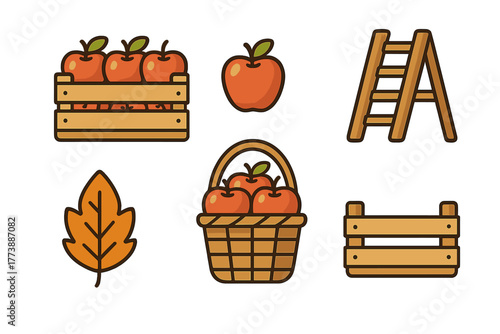 Autumn harvest elements set featuring fresh apples, wooden crates, picking basket, and ladder