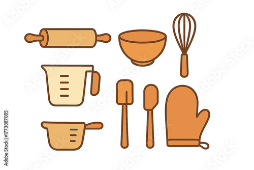 Set of essential baking tools including rolling pin whisk and mixing bowl