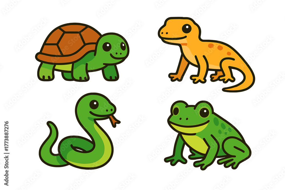 Obraz premium Cute cartoon set of four small animals: turtle, lizard, snake, and frog characters