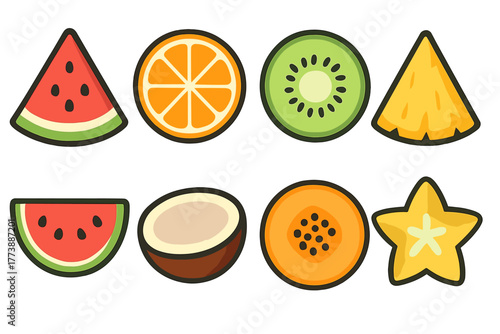 Colorful tropical and summer fruit slices set including watermelon, orange, kiwi, pineapple, and papaya