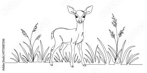 Continuous one line of fawn standing in tall grass, style vector illustration.
