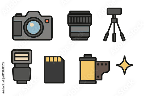 Essential photography gear icons featuring camera, lens, flash, tripod, memory card, and film