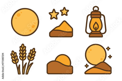 Minimalist nature and night icons including full moon, shining stars, desert hills, wheat grain, and vintage camping lantern