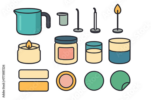 Set of essential supplies and tools for homemade candle making and aromatherapy