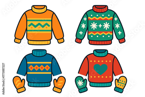 Collection of four brightly colored knit sweaters and matching mittens with festive winter holiday patterns