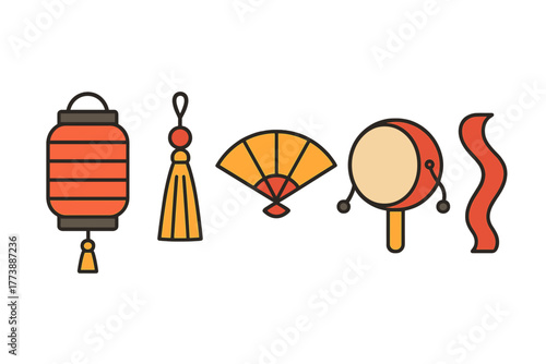 Traditional Chinese New Year festival symbols red lantern tassel fan and drum