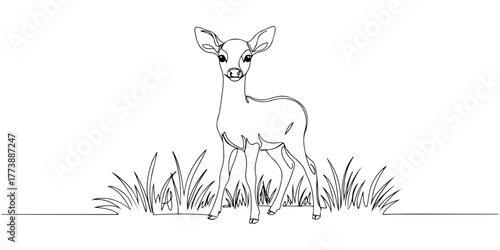 Continuous one line of fawn standing in tall grass, style vector illustration.
