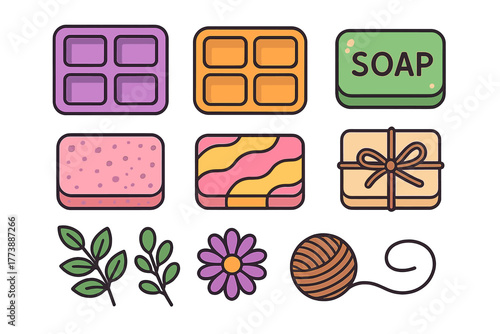 Colorful icons representing handmade soap making ingredients and bath products on a white background