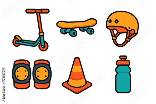 Extreme sports and safety gear items including scooter skateboard helmet knee pads and water bottle