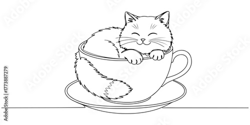 Continuous one line drawing of a fluffy kitten curled in a teacup with a sweet smile, style vector illustration.