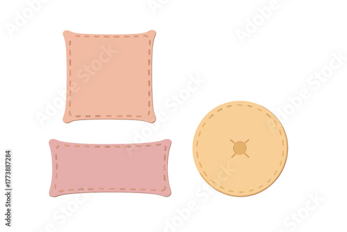 Three soft pastel cushions with decorative stitching isolated on white background