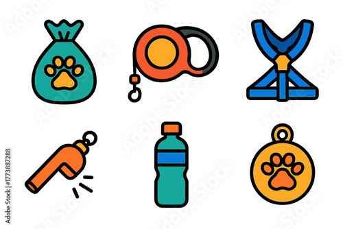 Set of essential accessories for dog walking, including leash, harness, whistle, and waste bags
