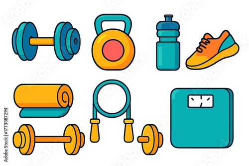 Collection of essential fitness equipment items for gym workout and healthy living