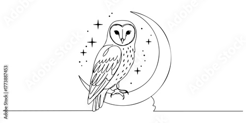 Continuous one line of owl perched on a starry crescent moon, style vector illustration.
