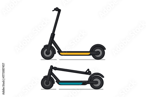Electric scooter shown in two configurations: upright for riding and folded for compact storage