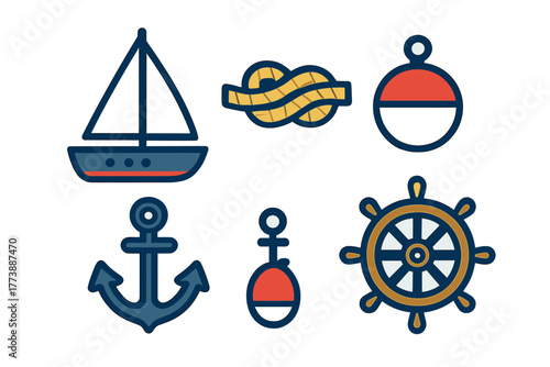 Essential sailing and marine navigation symbols including anchor, ship wheel, sailboat, and rope knot