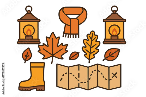 Seasonal autumn objects set with warm scarf, hiking boot, decorative lanterns, and colorful fall leaves