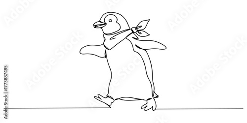Continuous one line of a penguin wearing a scarf walking cheerfully, style vector illustration.
