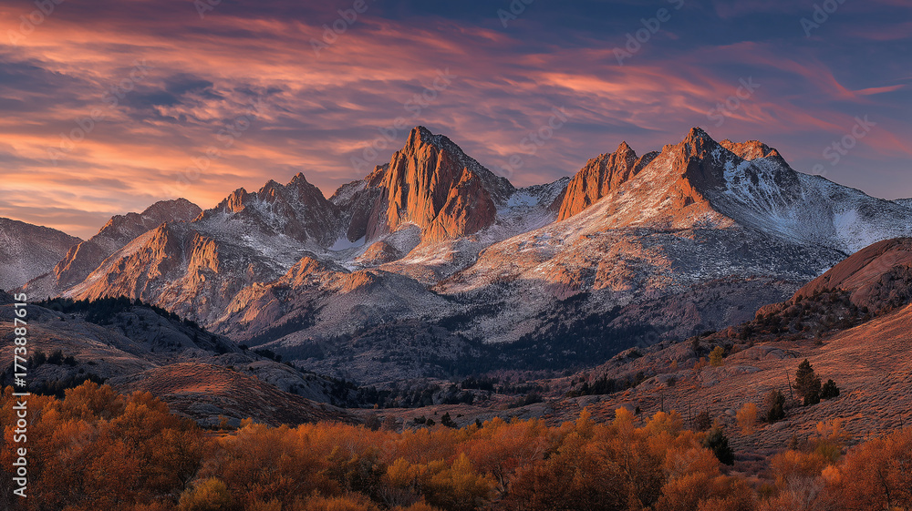 Naklejka premium Majestic mountain range bathed in the warm glow of a dramatic sunset, with snowdusted peaks and autumn foliage in the foreground