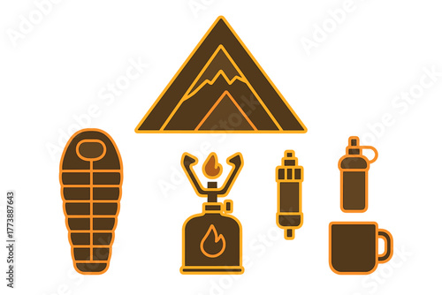 Essential outdoor adventure equipment including tent sleeping bag stove water filter and mug