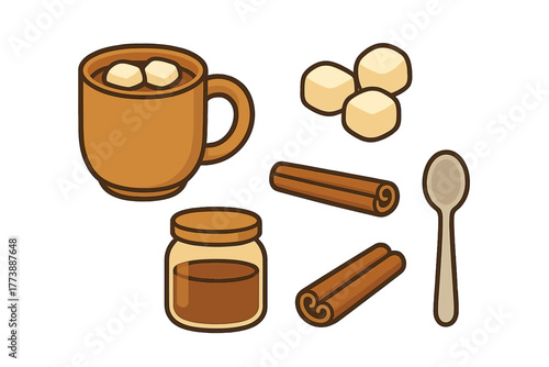 Hot cocoa mug with marshmallows, cinnamon sticks, and chocolate syrup jar