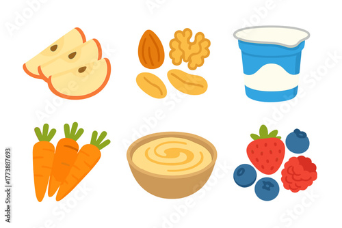 Set of nutritious ingredients for a healthy balanced diet including fruits, vegetables, nuts, and dairy