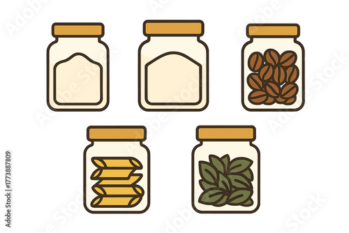 Set of storage jars containing kitchen staples such as coffee, pasta, and dried herbs