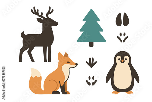 Stylized graphic set of forest and arctic wildlife including deer, fox, penguin, tree, and paw prints