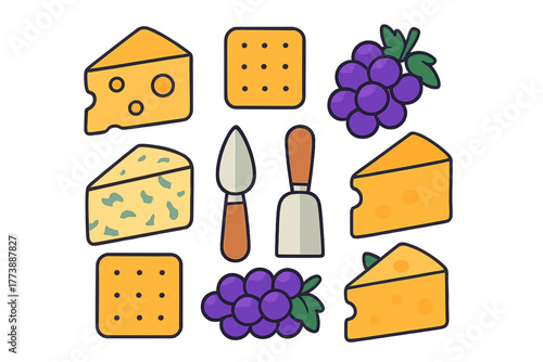 Gourmet snack selection with various cheeses, crunchy crackers, and sweet purple grapes