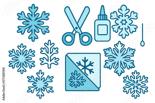Blue stylized snowflakes, scissors, and glue bottle for winter holiday crafting elements