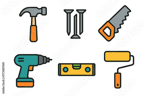 Essential collection of construction and home improvement tools including hammer saw drill and level