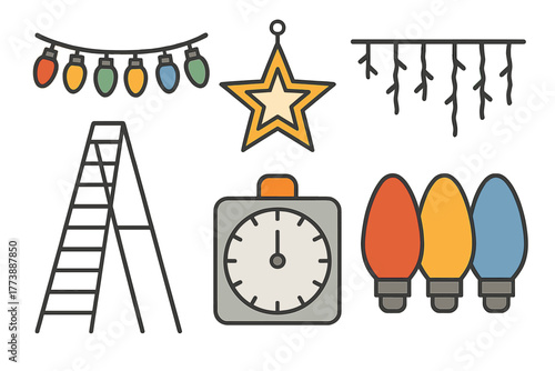 Christmas and New Year holiday decorating elements set including lights, star, ladder, and timer
