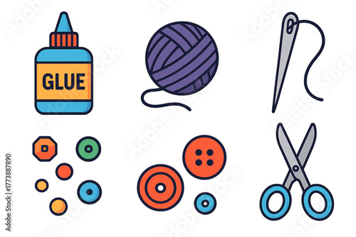 Colorful collection of crafting and sewing supplies including glue, yarn, needle, buttons, and scissors
