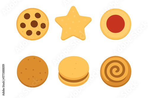 Assortment of baked sweet cookies and biscuits including chocolate chip, star shape, jam center, and sandwich types