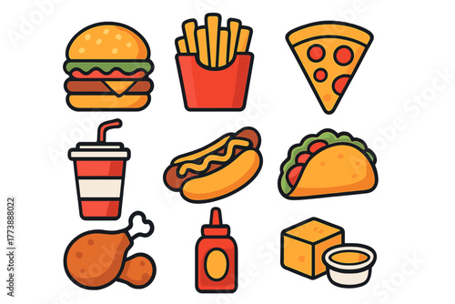Popular fast food icons set featuring hamburger, french fries, pizza, hot dog, taco, and soda drink