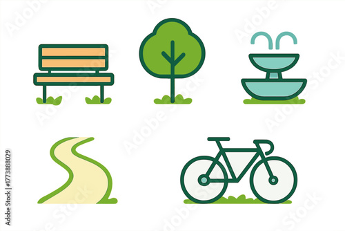 Essential outdoor park elements including bench, tree, fountain, path, and bicycle