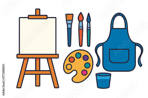 Artistic equipment set with blank canvas on easel, paint brushes, palette, and apron
