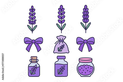 Purple lavender flowers, essential oil bottles, decorative bows, and sachets for aromatherapy and spa design