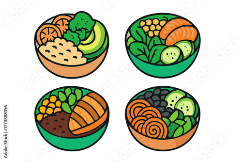 Colorful vegan and vegetarian power bowls with rice, greens, and plant protein