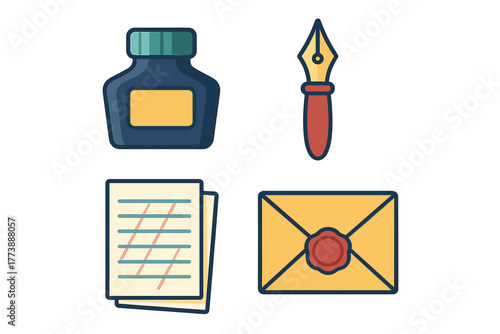 Classic writing tools set with ink bottle, fountain pen, paper, and sealed envelope