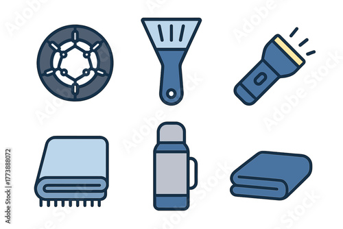 Collection of essential gear icons for winter travel and emergency preparedness