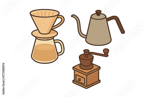 Essential coffee making tools including grinder, kettle, and pour-over device