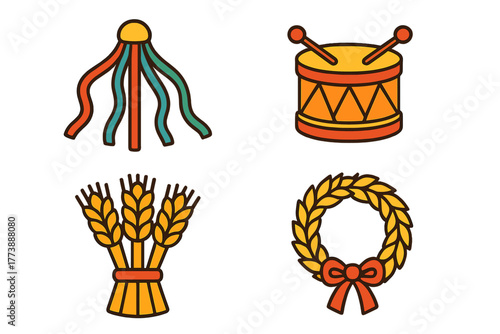 Colorful Maypole, musical drum, wheat sheaf, and decorative harvest wreath symbols