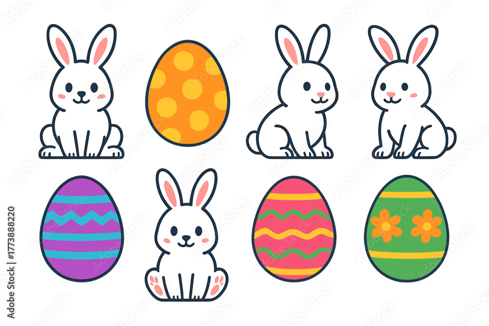 Fototapeta premium Adorable white rabbits and brightly decorated eggs for the spring holiday celebration