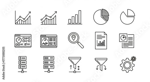 ai generative Minimal black and white icons for analytics and data, including graphs, dashboard, and report symbols, flat modern vector style, isolated on white background