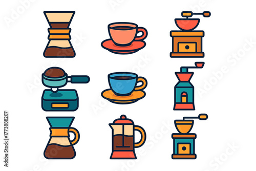 Colorful set of coffee brewing equipment, grinders, pour-over devices, and cups