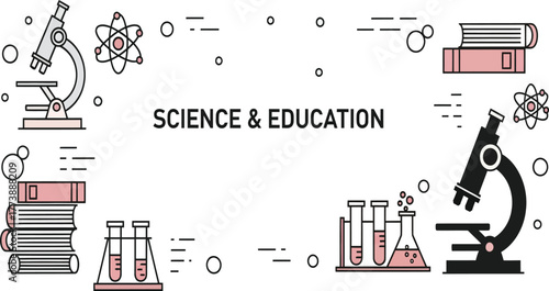 Science and Education concept banner, vector illustration with thin line icons of microscope, books, atom, and test tubes, scientific research and development.