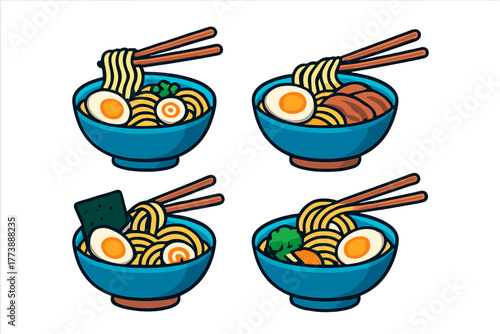Four traditional Japanese ramen noodle bowls with various toppings and chopsticks