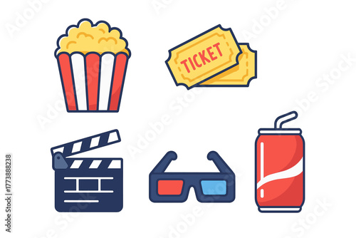 Flat design icons set representing cinema and movie theater elements like popcorn, tickets, and 3D glasses